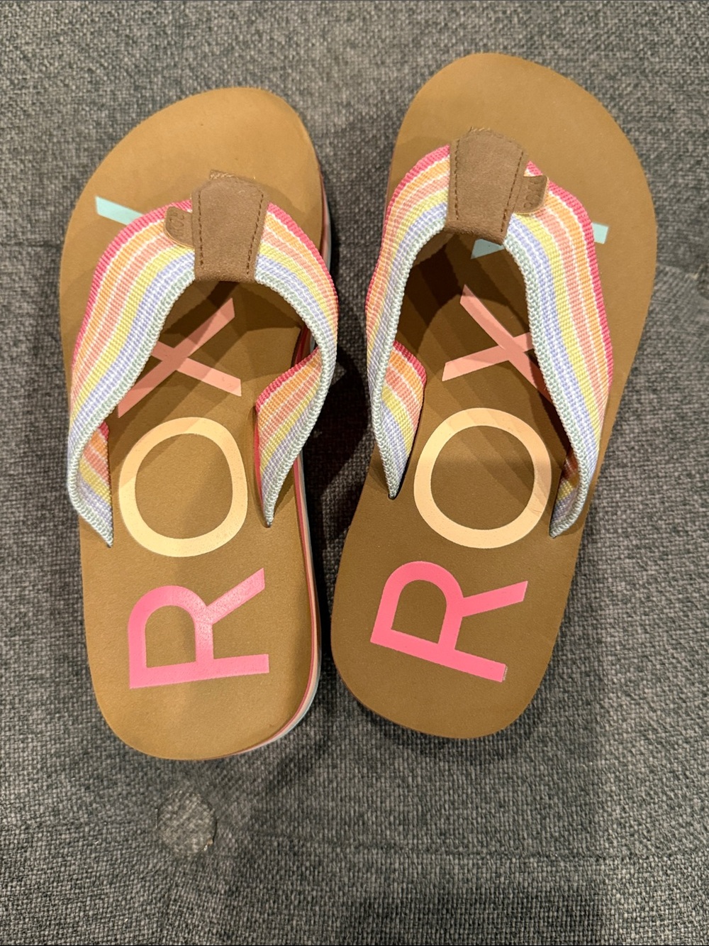 Roxy Girls' Brown Sandals with Pastel Rainbow Straps